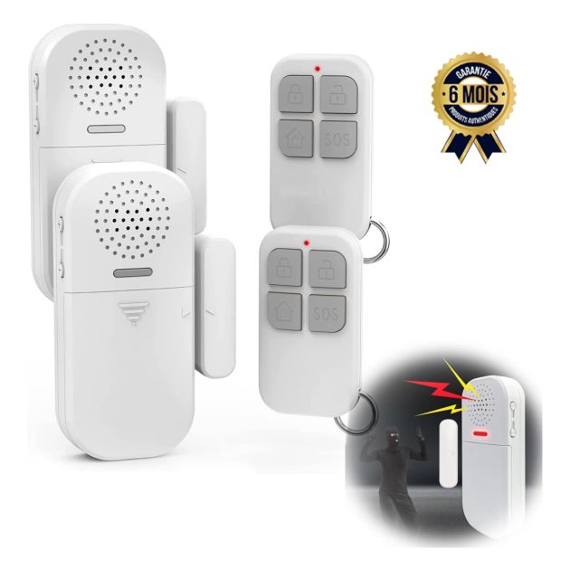 Alarme Antivol sans Fil Alerte D Ouverture de Fenetre et de Porte Capteur de Contact Magnetique avec Télécommande Sirene Puissante de 130 Decibels - Garantie 6 mois