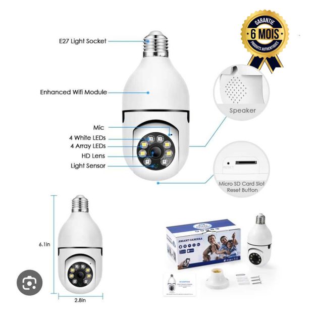 Ampoule de Sécurité Espion Intelligente avec Caméra Ip Jortan Jt 8177 1080p Full Hd 2Mp WiFi 2 4 GHz Vision Nocturne - Garantie 6 mois