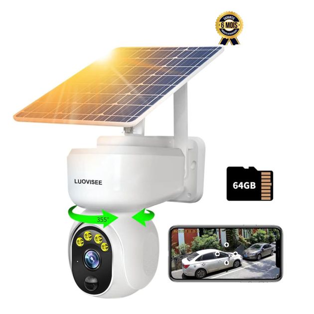 Caméra de Sécurité Exterieure Solaire sans Fil WiFi Ptz Vue A 360 Vision Nocturne Couleur avec Audio Alarme de Detection de Mouvement Pir Carte Sd 64 Go Ip65 - Garantie 6 mois