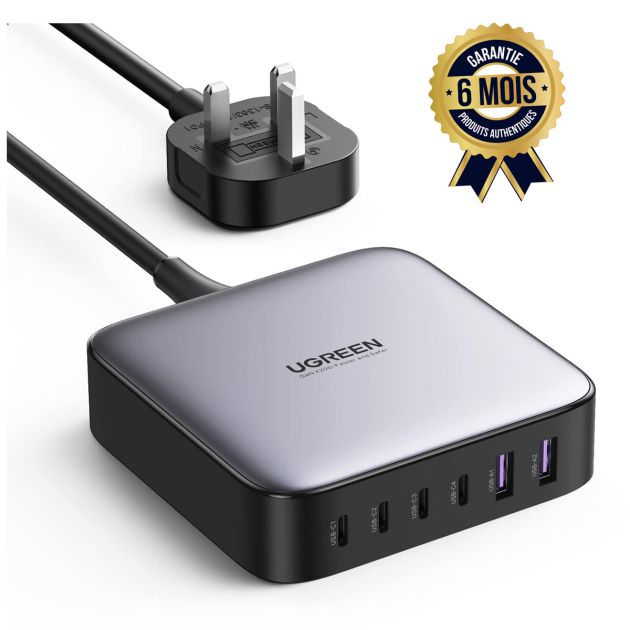 Chargeur Multi Ports USB Station de Charge USB UGREEN Nexode GaN 200 Watts 06 Ports 04 Entrées USB C 02 Entrée USB A A Prise Britannique pour Tablettes Smartphones MacBook Steam Deck Huawe