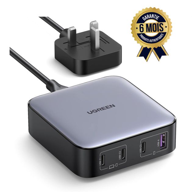 Chargeur Multi Ports USB Station de Charge USB UGREEN Nexode GaN 100 Watts 04 Ports 03 Entrées USB C 01 Entrée USB A A Prise Britannique pour Tablettes Smartphones MacBook Steam Deck Huawe