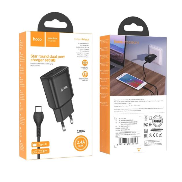 Chargeur Mural Hoco C88A Star Round Dual Port Charger 02 Entrées USB 2 4A Max avec Cable Type C